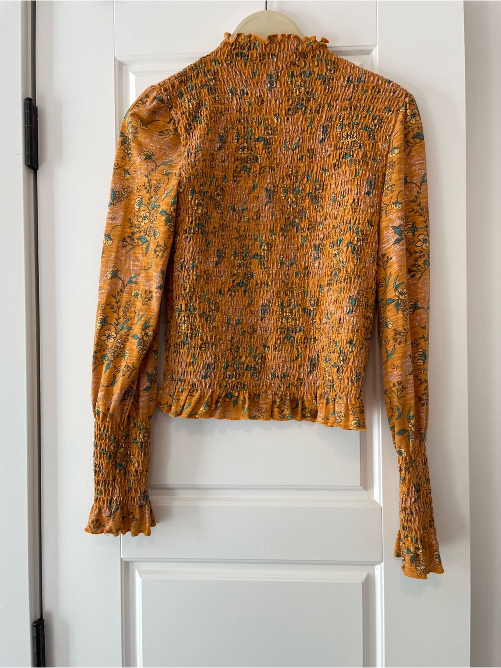 Floral Smocked Long-Sleeve Blouse in Mustard